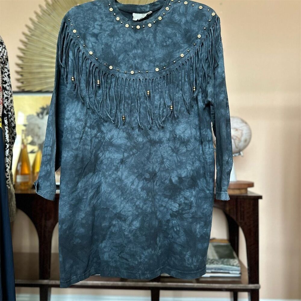 Vintage 90s Miss & Mrs Women's Tie Dye Beaded Fringe Blouse Multicolor